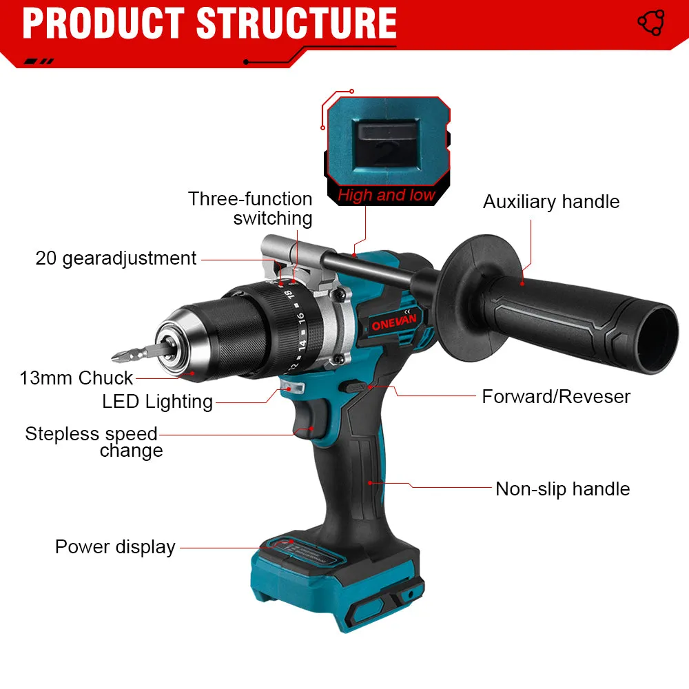 ONEVAN 1/2" Impact Wrench & 13mm Electric Drill & 125mm Angle Grinder Brushless Cordless 3‑Pc. Combo Kit 6.0Ah