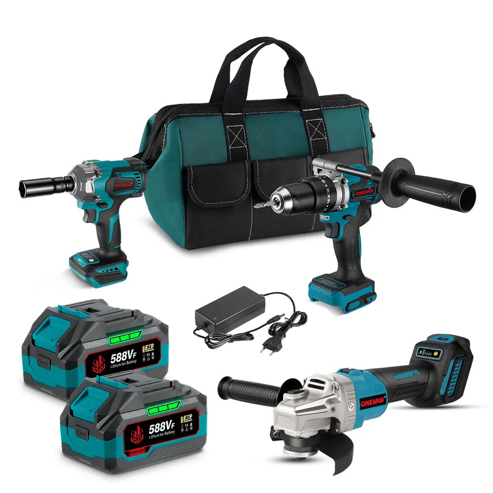 ONEVAN 1/2" Impact Wrench & 13mm Electric Drill & 125mm Angle Grinder Brushless Cordless 3‑Pc. Combo Kit 6.0Ah