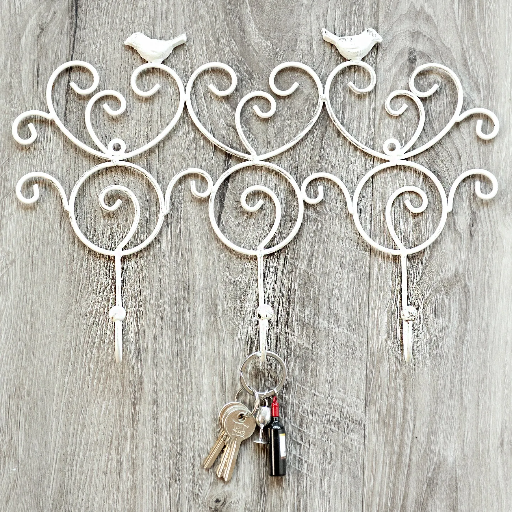 Ornate Hooks With Birds - Antique White