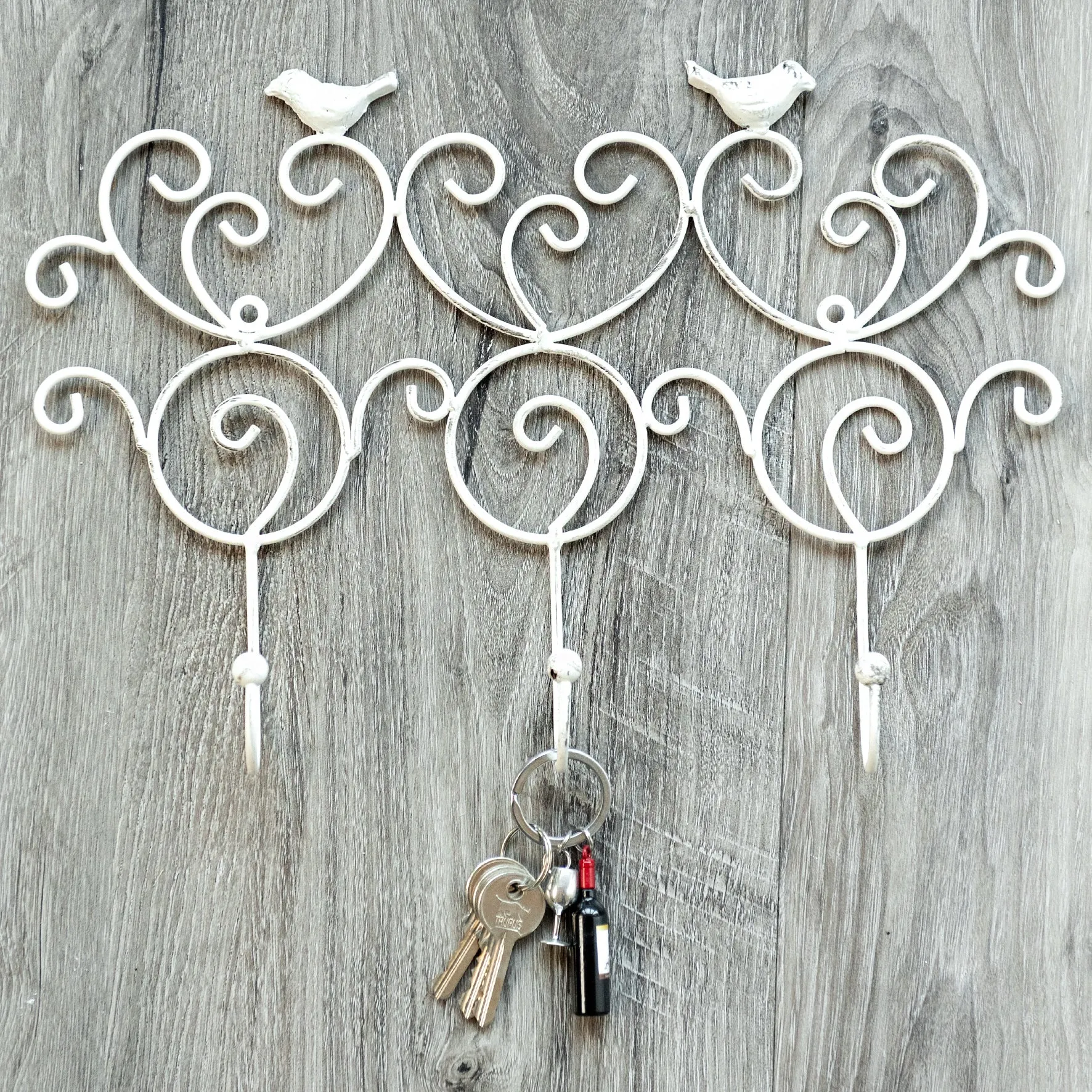 Ornate Hooks With Birds - Antique White