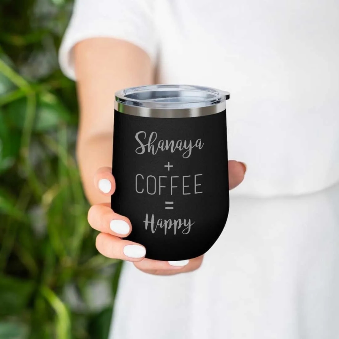 Personalized Coffee Cup with lid Name Engraved Stainless Steel Mug-Happy