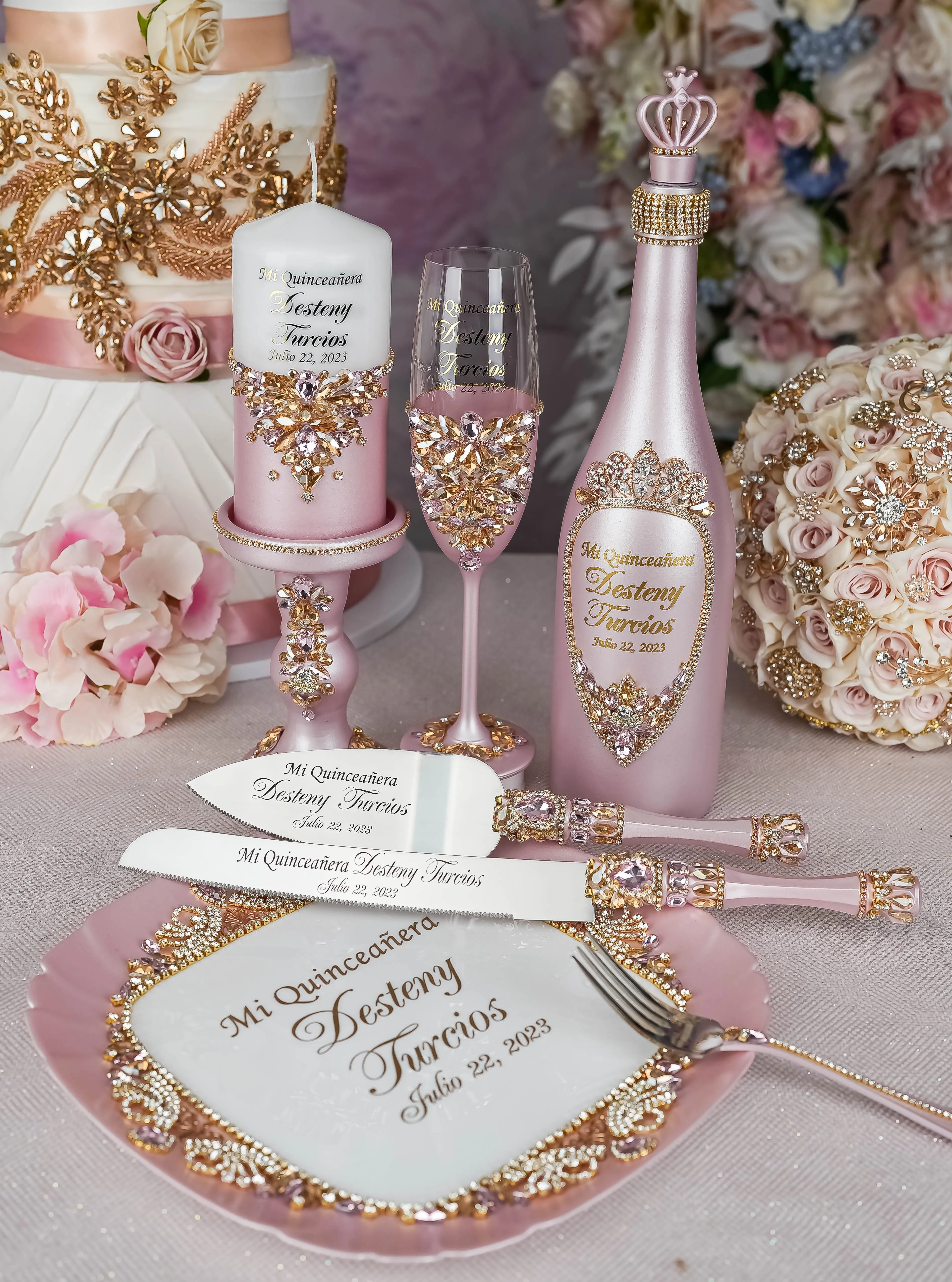 Pink and Gold quinceanera bottle with 1 glass