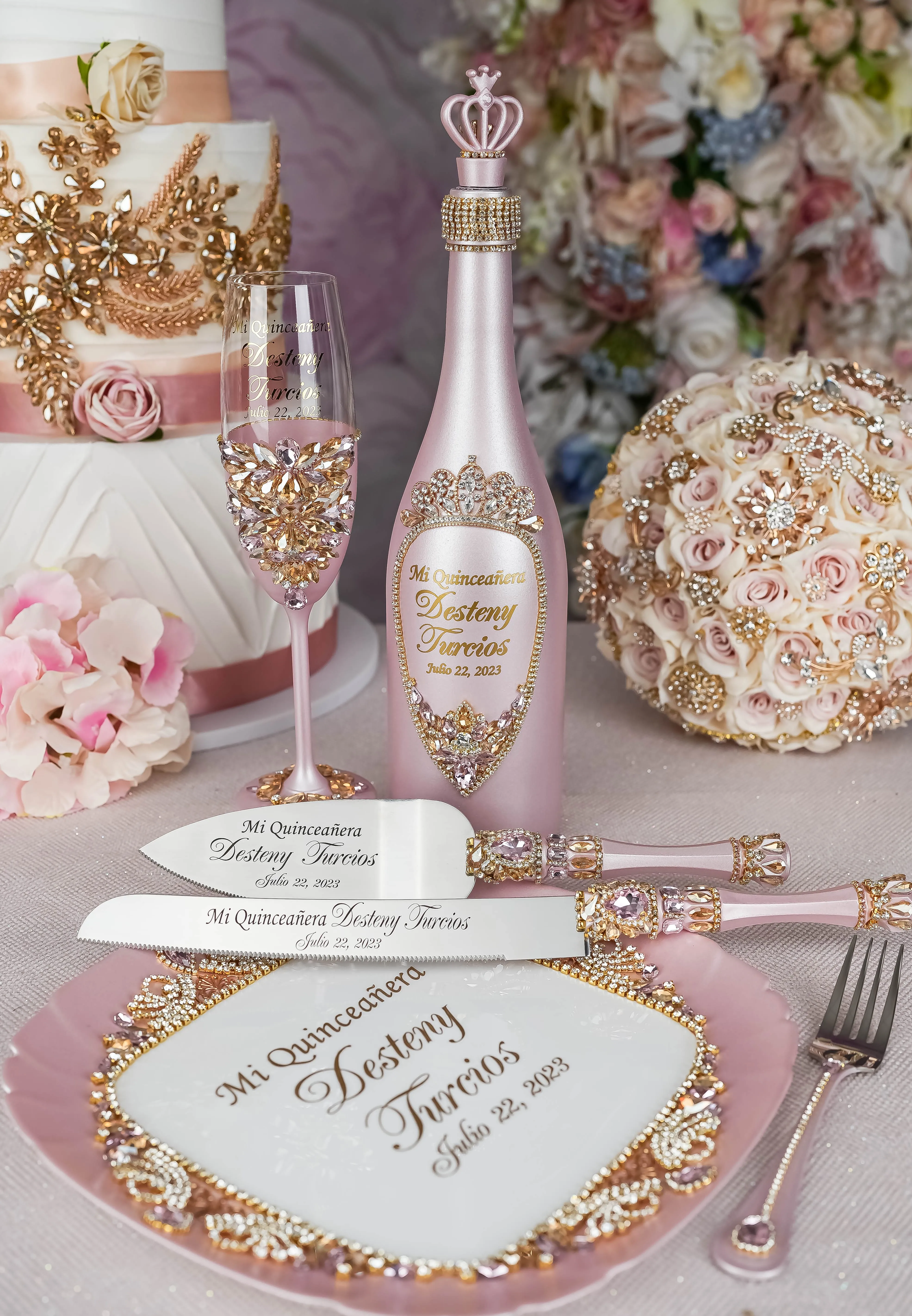 Pink and Gold quinceanera bottle with 1 glass