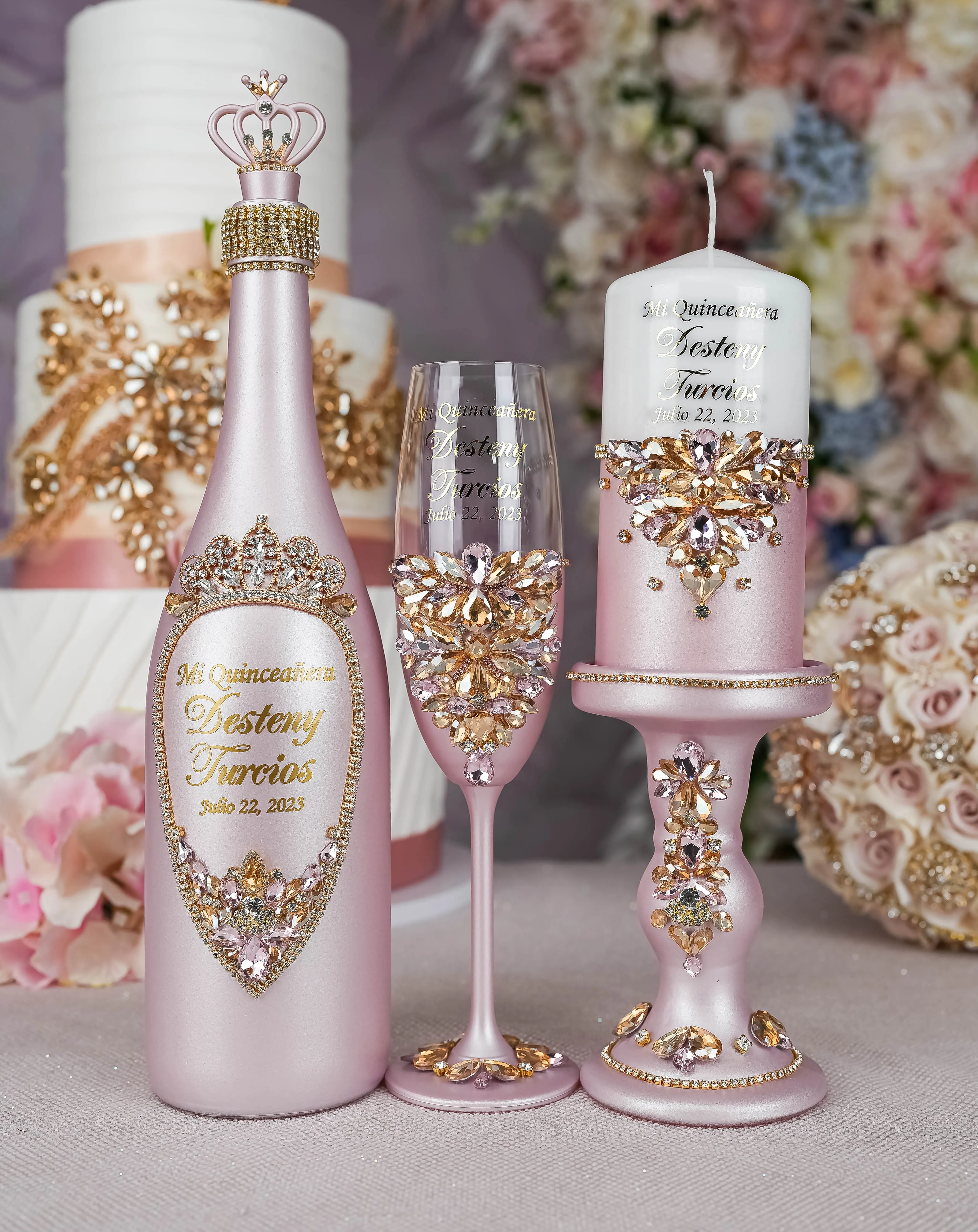 Pink and Gold quinceanera bottle with 1 glass