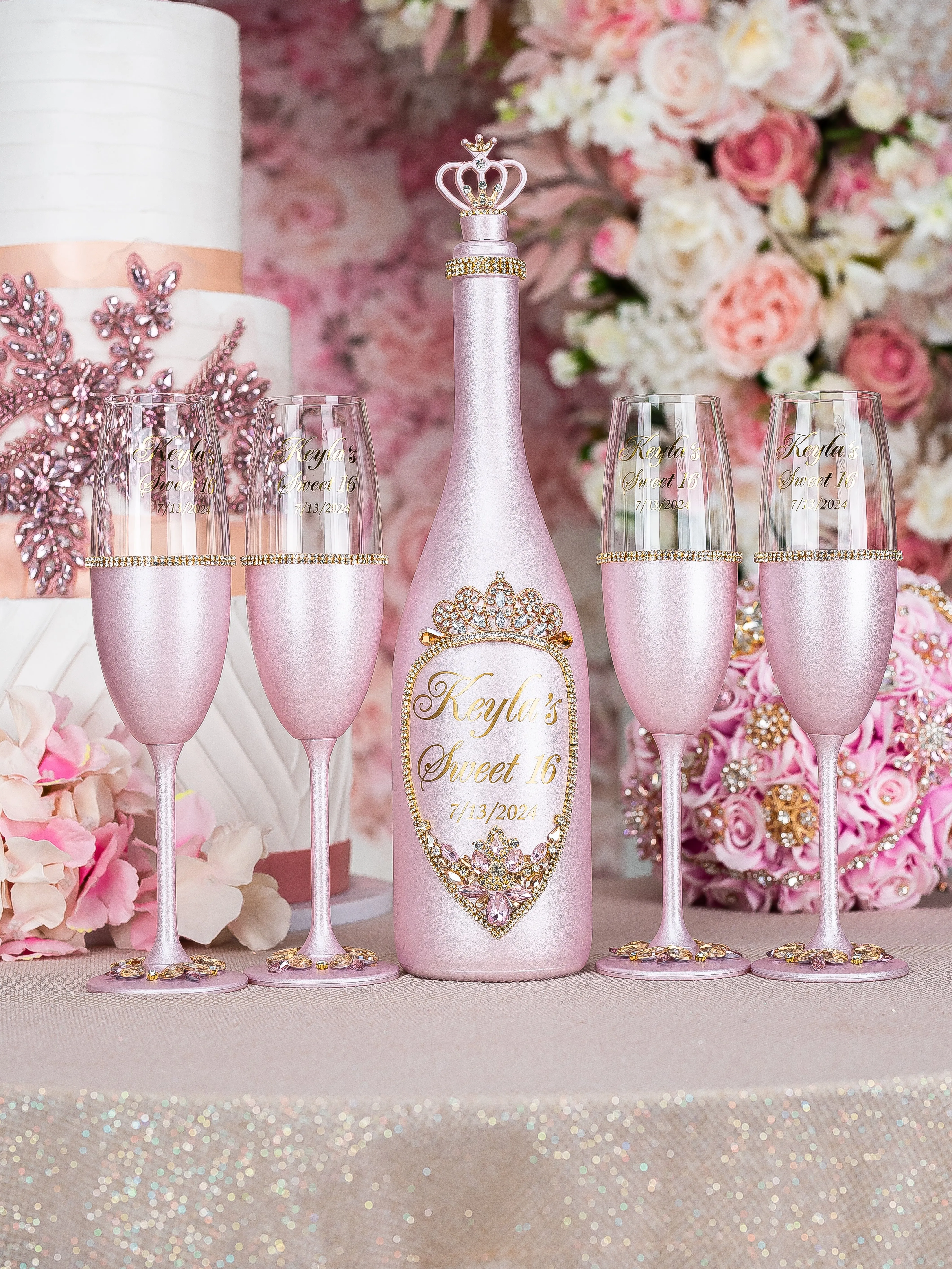 Pink with Gold quinceanera bottle with 2 simple glass