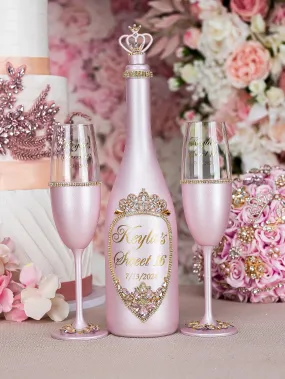 Pink with Gold quinceanera bottle with 2 simple glass