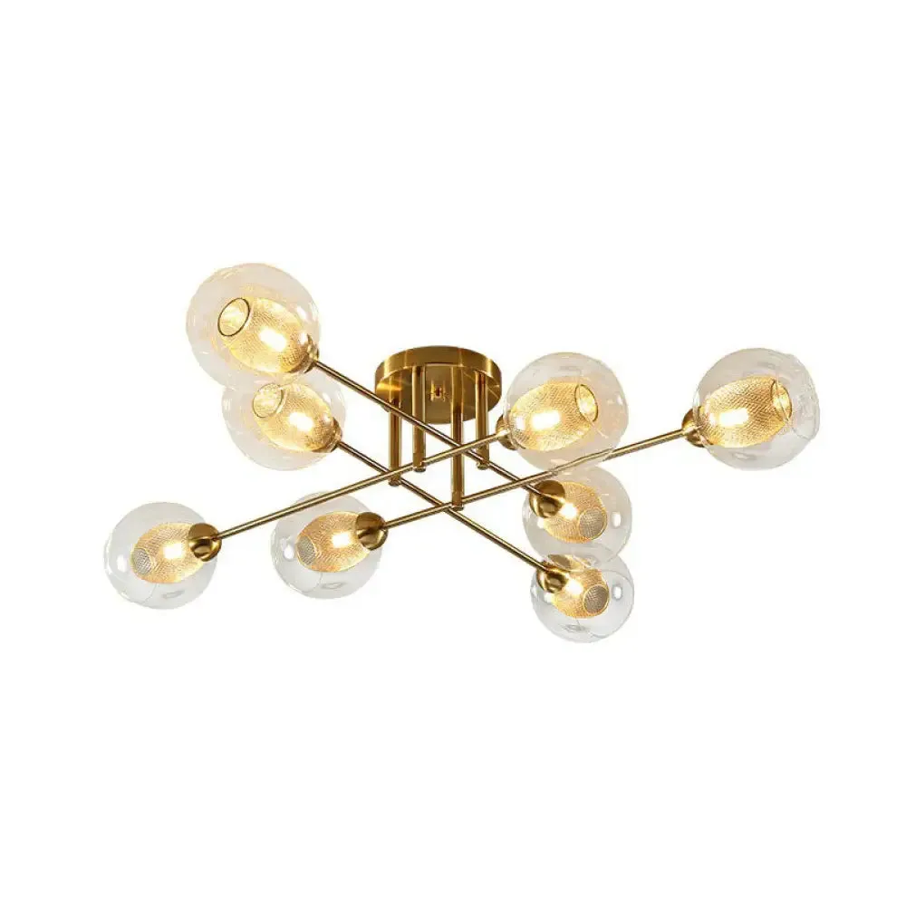 Postmodern Gold Finish Semi Flush Ceiling Light with Clear Glass Ball and Mesh Shade Inside