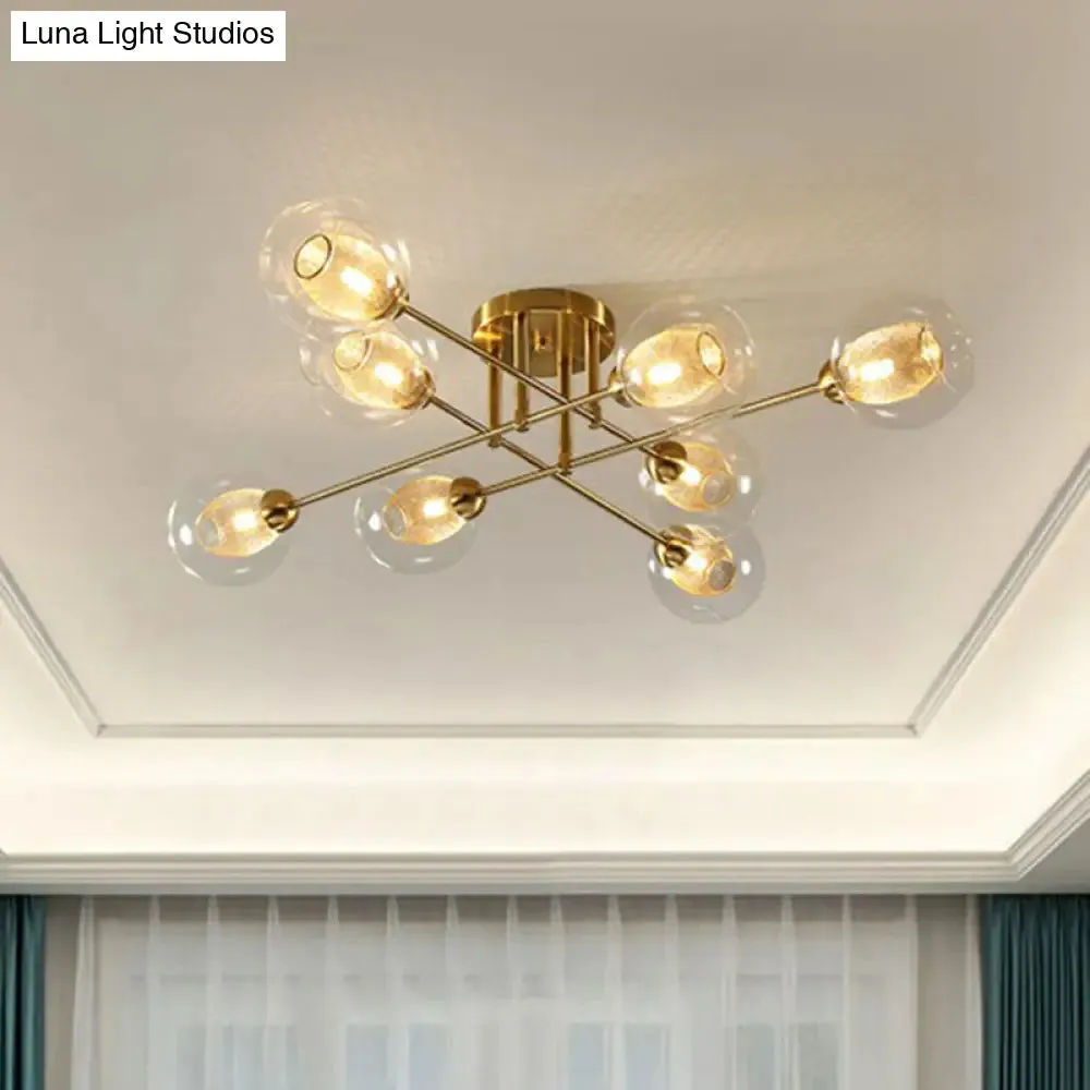 Postmodern Gold Finish Semi Flush Ceiling Light with Clear Glass Ball and Mesh Shade Inside