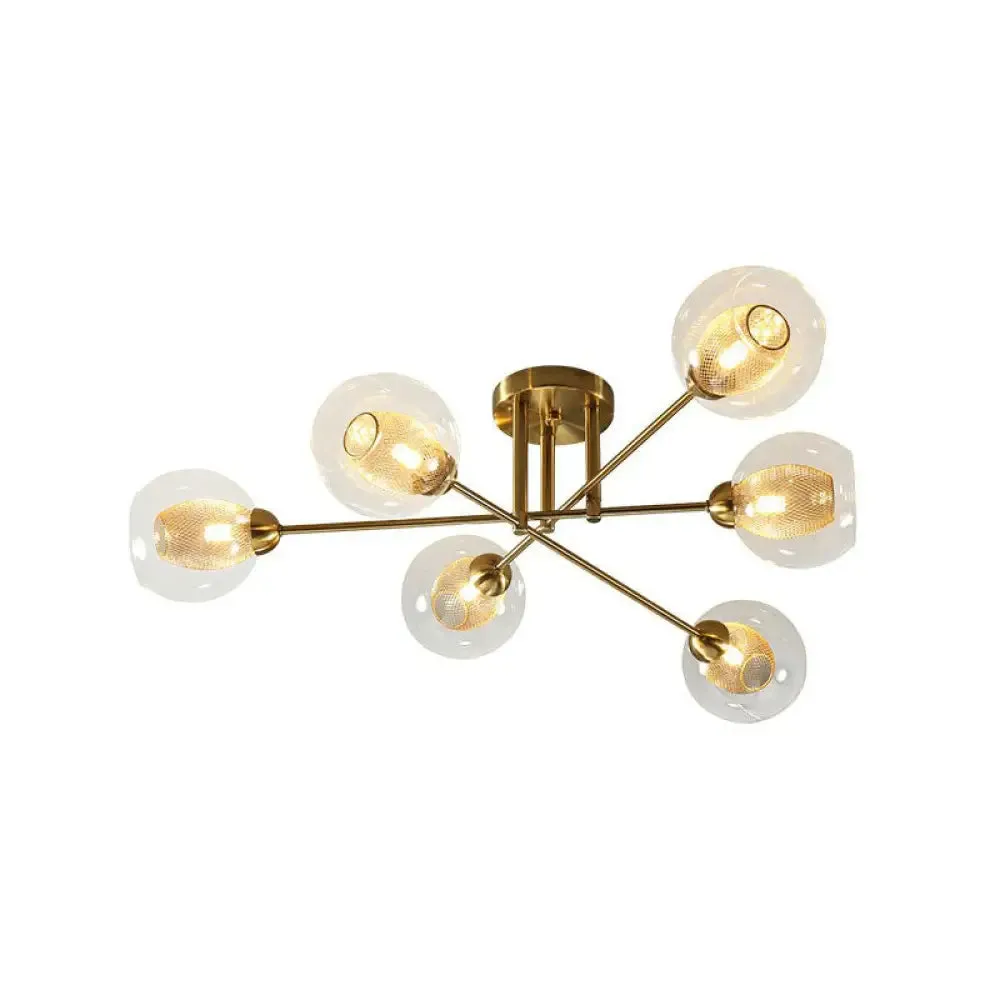 Postmodern Gold Finish Semi Flush Ceiling Light with Clear Glass Ball and Mesh Shade Inside