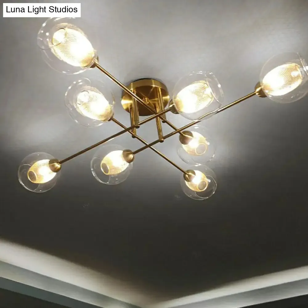 Postmodern Gold Finish Semi Flush Ceiling Light with Clear Glass Ball and Mesh Shade Inside