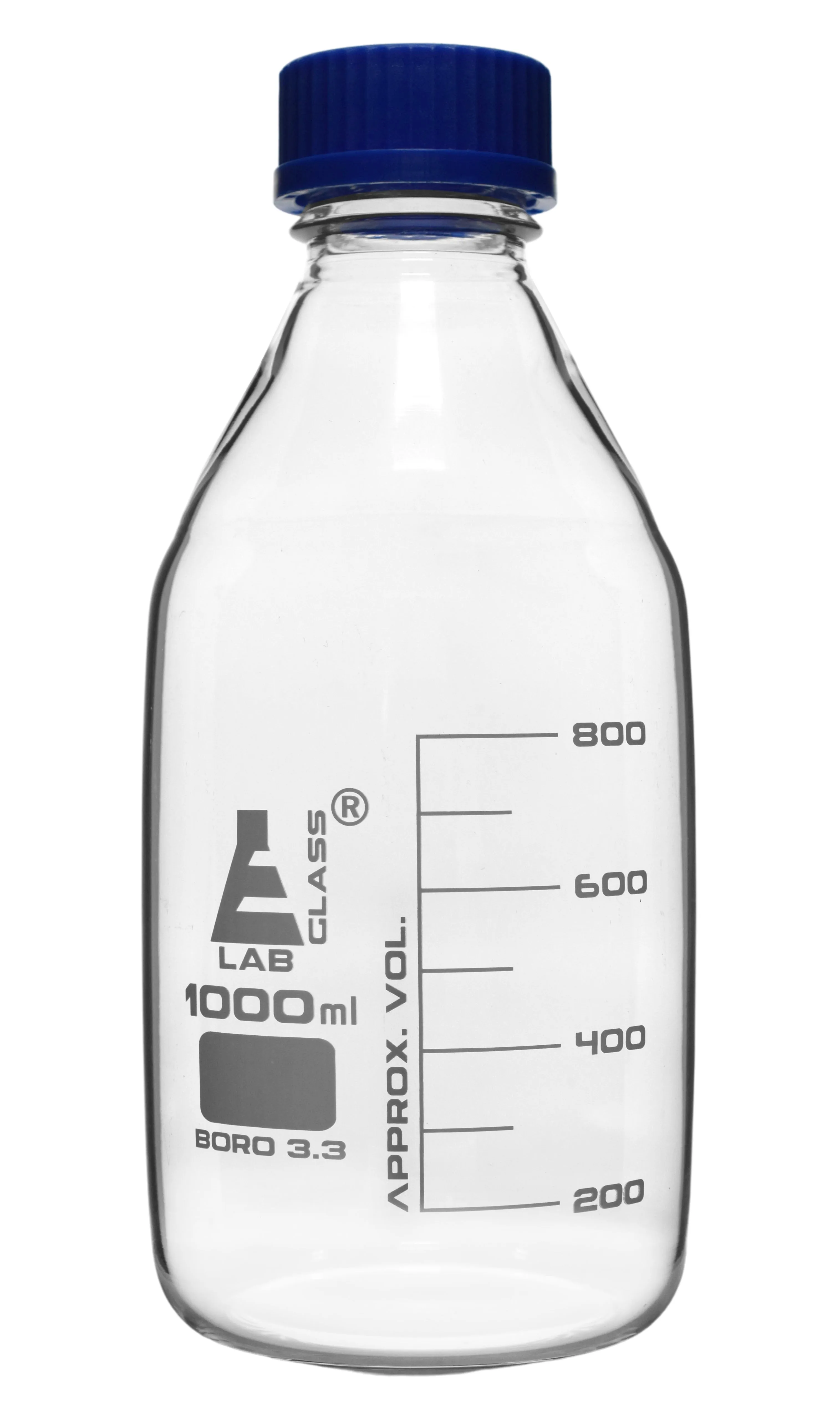 Reagent Bottle, 1000ml - Transparent with Blue Screw Cap - White Graduations - Borosilicate 3.3 Glass - Eisco Labs