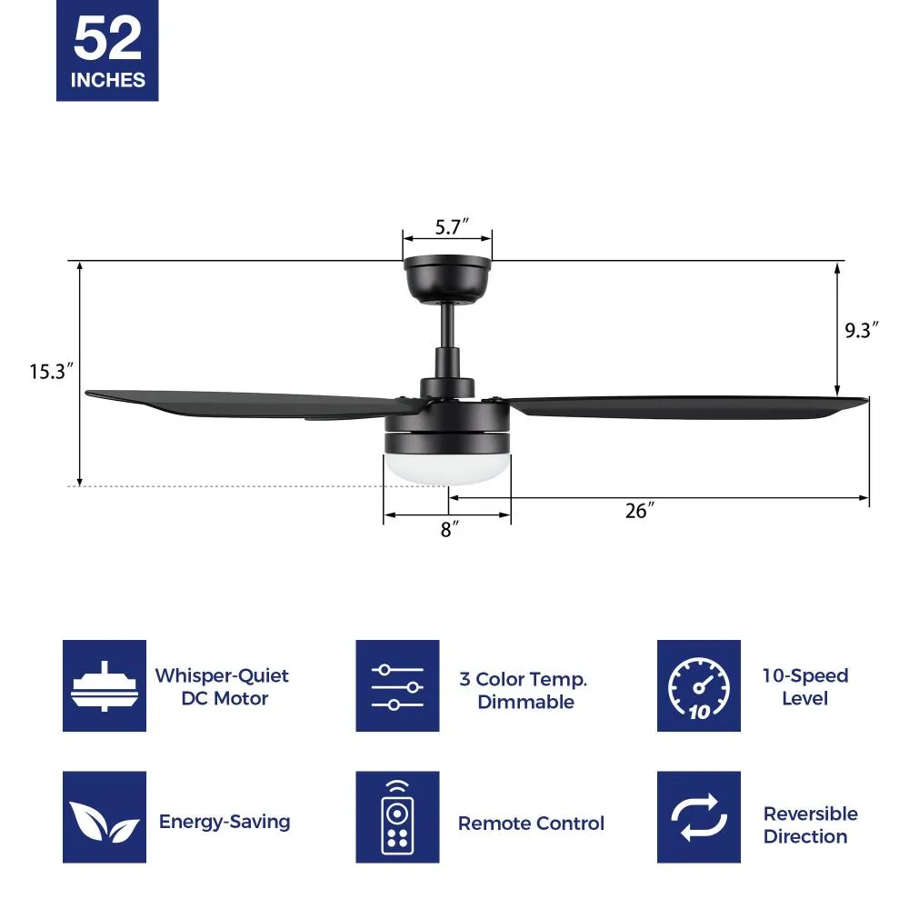 Sahar 52” Modern Black Ceiling Fan with LED Light and Remote