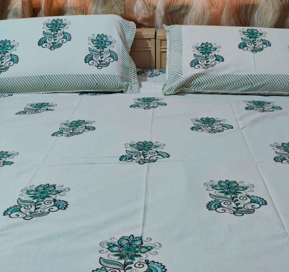 SEA GREEN FLOWER BUNCH COTTON BEDSHEET