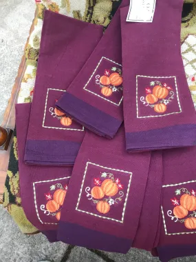 Set of 6 Embroidered Autumn Pumpkin & Vine Napkins  Kitchen Dish Tea Towel