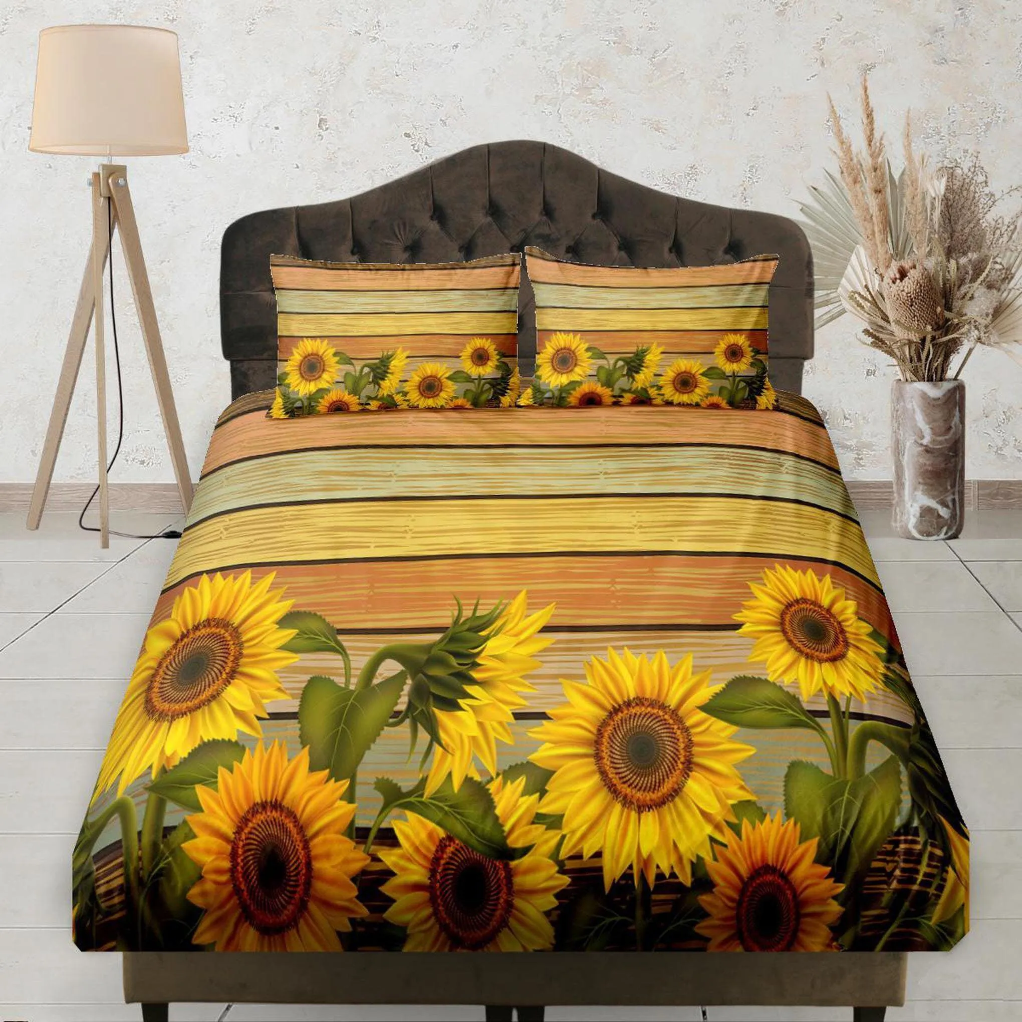 Sunflower on Wood, Fitted Bedsheet Deep Pocket, Floral Prints, Aesthetic Boho Bedding Set Full, Dorm Bedding, Crib Sheet, King, Queen, Twin