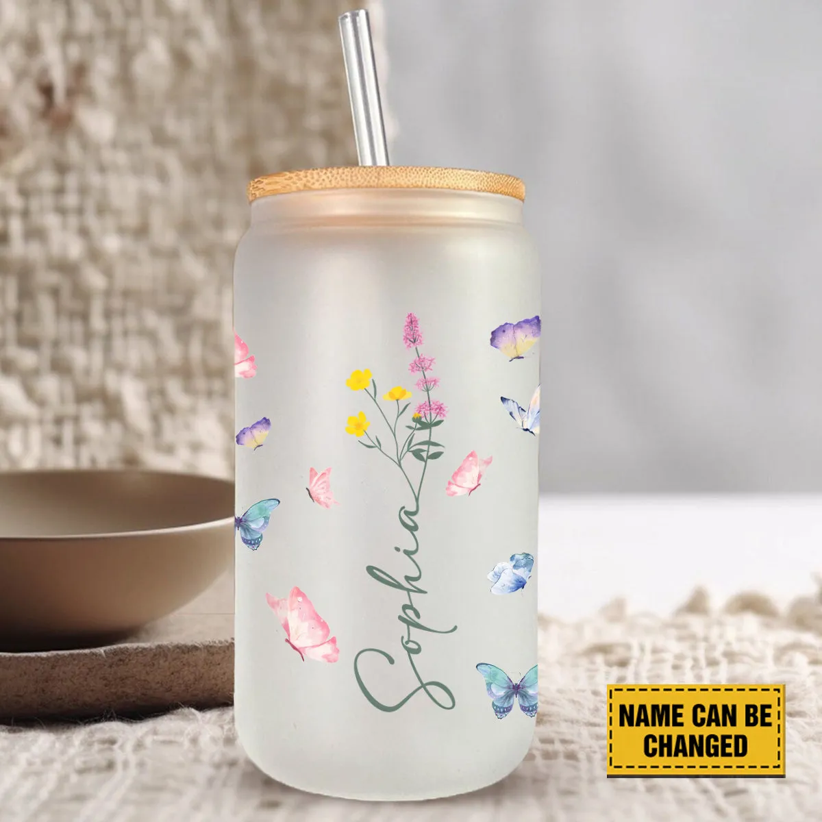 Teesdily | Customized Jesus Flowers Glass Can, Jesus Butterfly Coffee Cup, Faith Hope Love Can, God Lover Gift, Frosted / Clear Glass Can With Straw