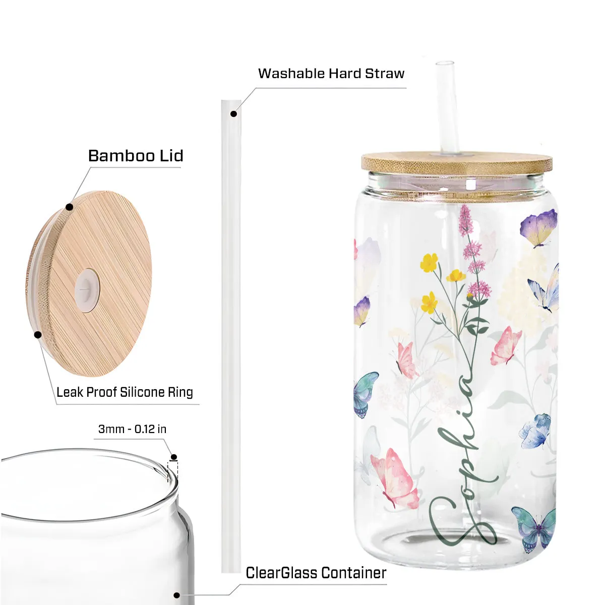 Teesdily | Customized Jesus Flowers Glass Can, Jesus Butterfly Coffee Cup, Faith Hope Love Can, God Lover Gift, Frosted / Clear Glass Can With Straw