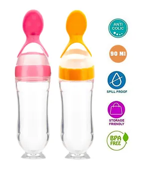 THE LITTLE LOOKERS Infant Baby Squeezy Food Grade Silicone Bottle Feeder with Soft Silicon Baby Feeding Used for Semi Solid |Spoon Feeder| Cerelac Feeder| Rice Paste Milk Food Feeder (90ml, Pink & Yellow)