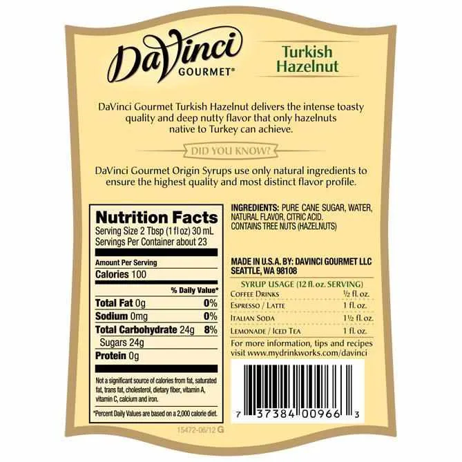 Turkish Hazelnut Natural Single Origin DaVinci Syrup Bottle - 700mL