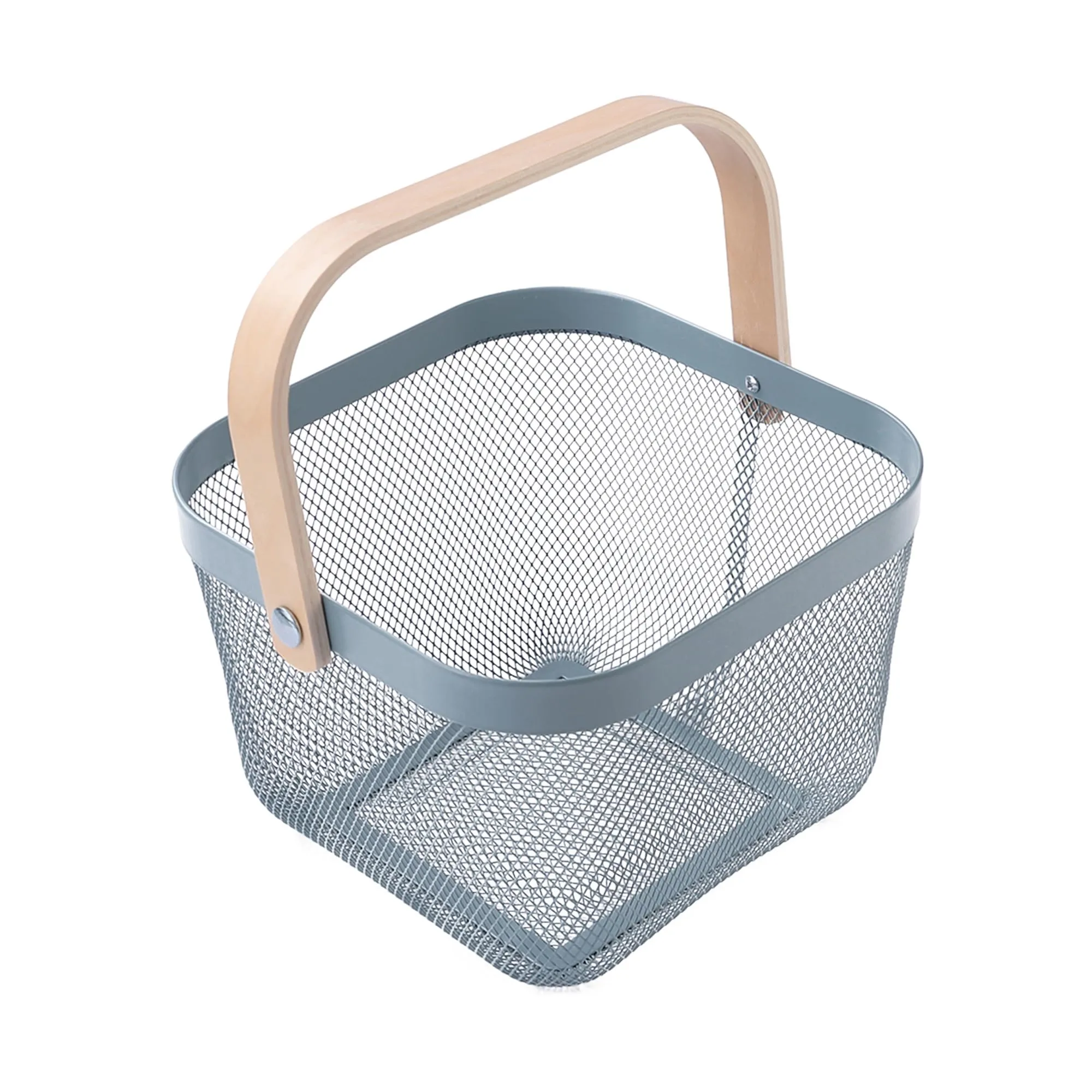 UMAI Mesh Metal Basket for Storage (23 * 23 * 16cm) Fruit Basket | Storage Baskets with Wooden Handle | Picnic Basket | Home Organizer Items and Storage | Home Storage Organizer (Blue)