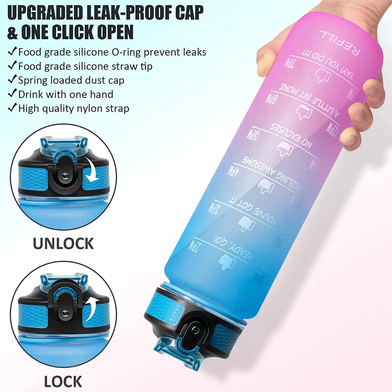 Unbreakable Water Bottle 1 L with Motivational Time Marker measurement, Leakproof Durable BPA Free Water bottle for office, School, Home, gym