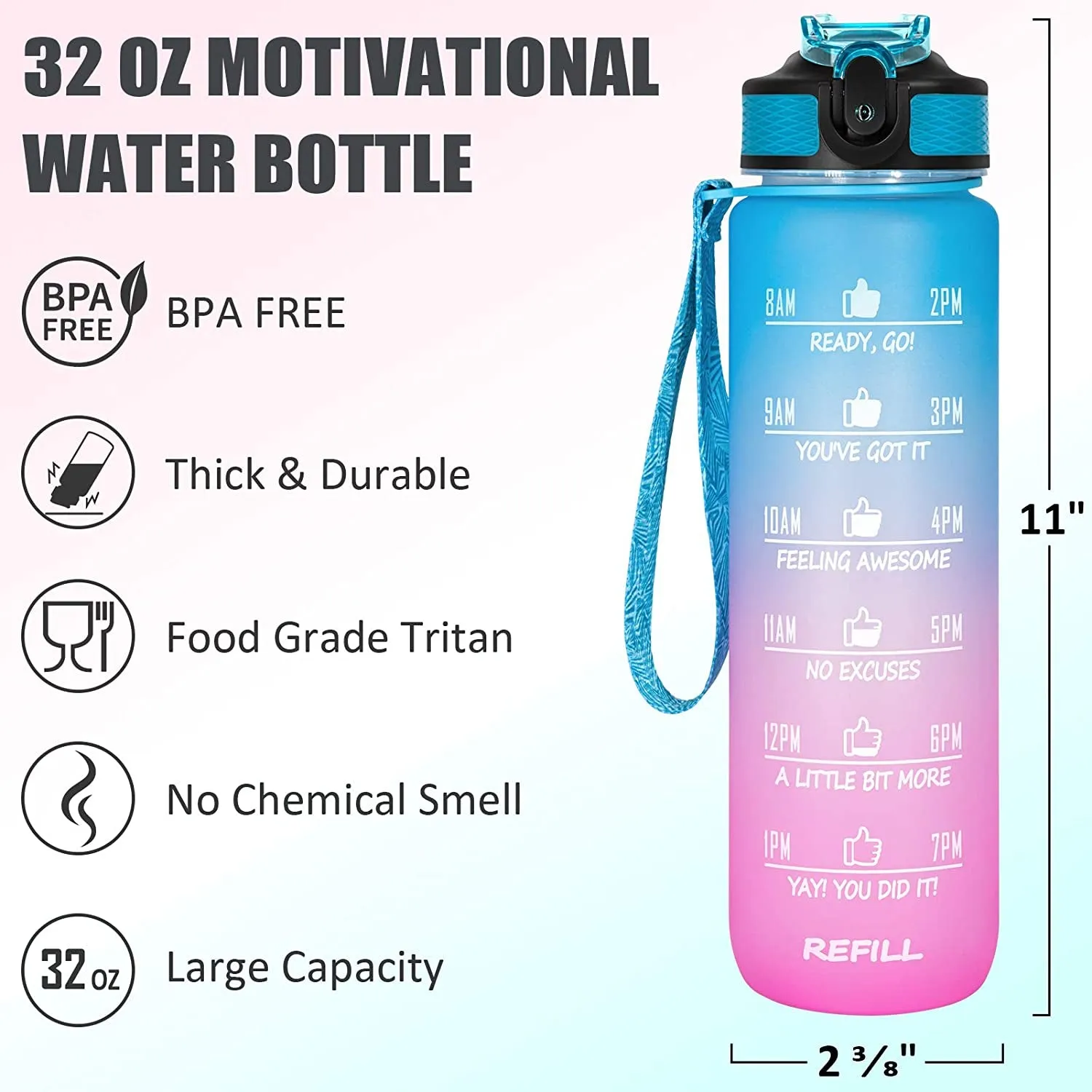 Unbreakable Water Bottle 1 L with Motivational Time Marker measurement, Leakproof Durable BPA Free Water bottle for office, School, Home, gym