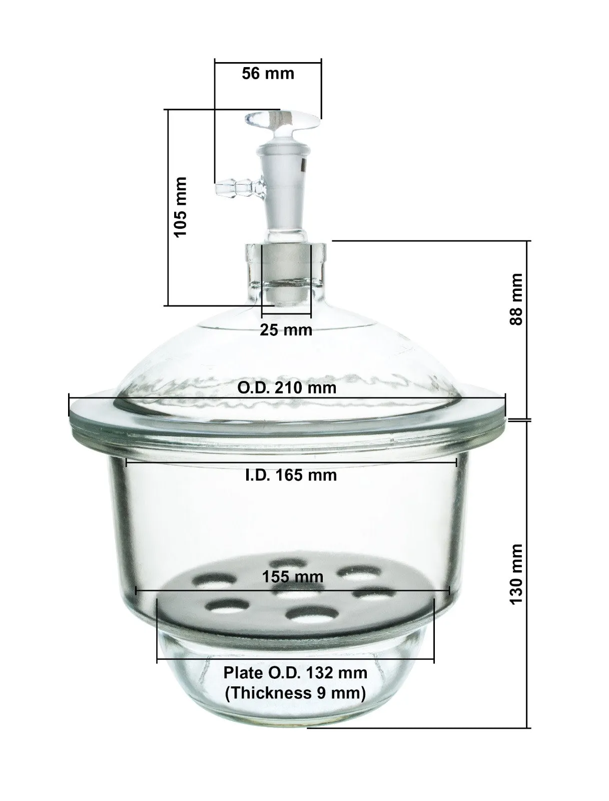 Vacuum Desiccator with Stopcock, 15cm (5.9") I.D. - Borosilicate Glass - Porcelain Sieve Plate