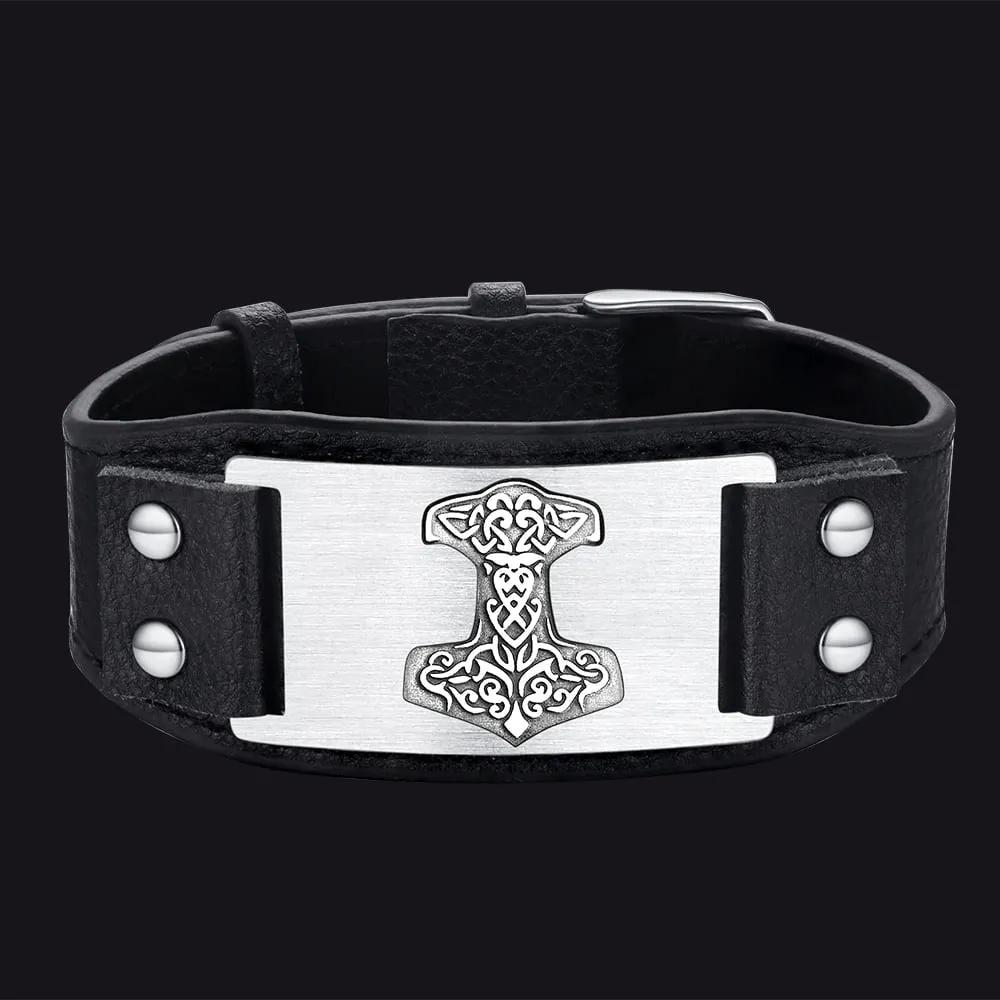 Viking Thor's Hammer Cuff Bracelet Leather Wristband For Men Son