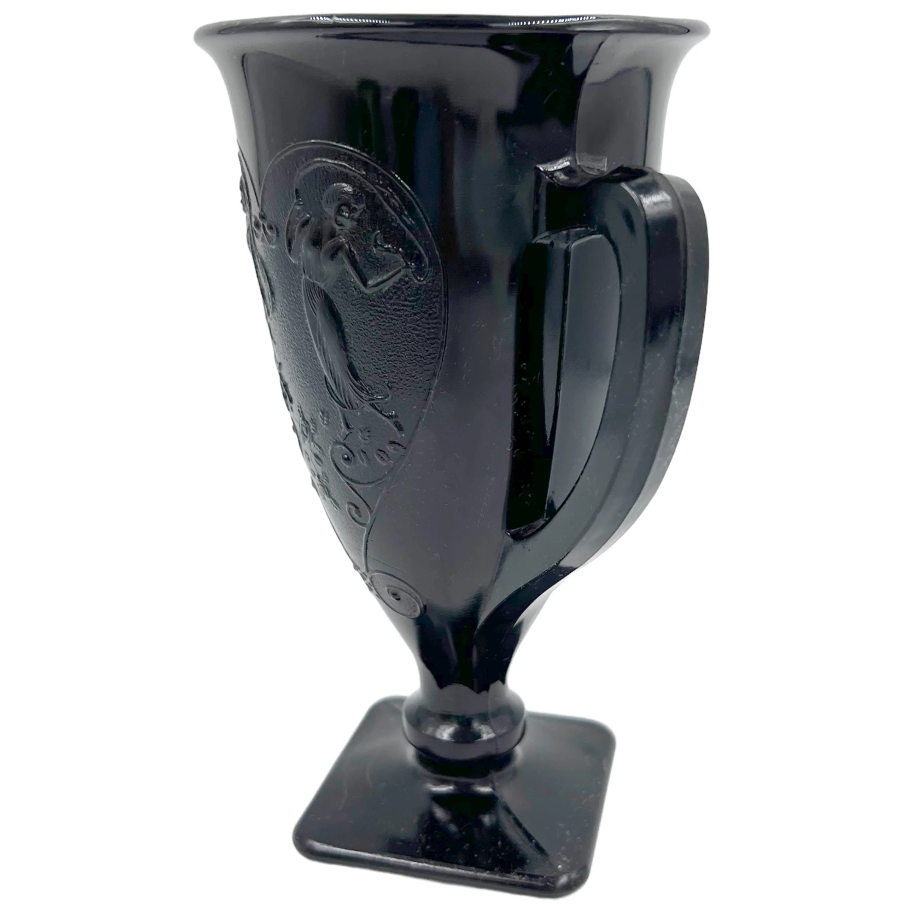 Vintage 1930s LE Smith Black Amethyst Glass Vase Loving Cup Trophy Form Dancing Nymphs