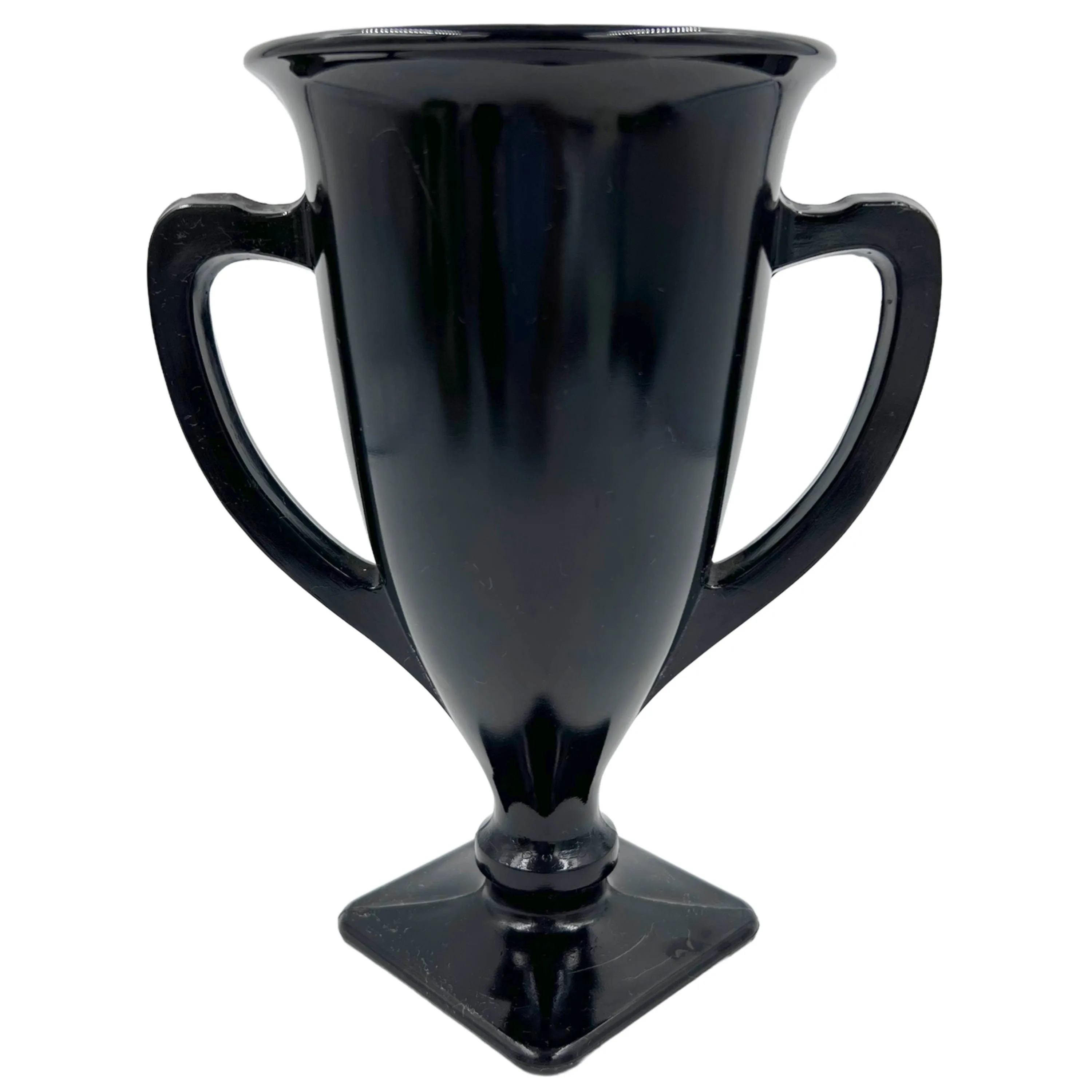 Vintage 1930s LE Smith Black Amethyst Glass Vase Loving Cup Trophy Form Dancing Nymphs