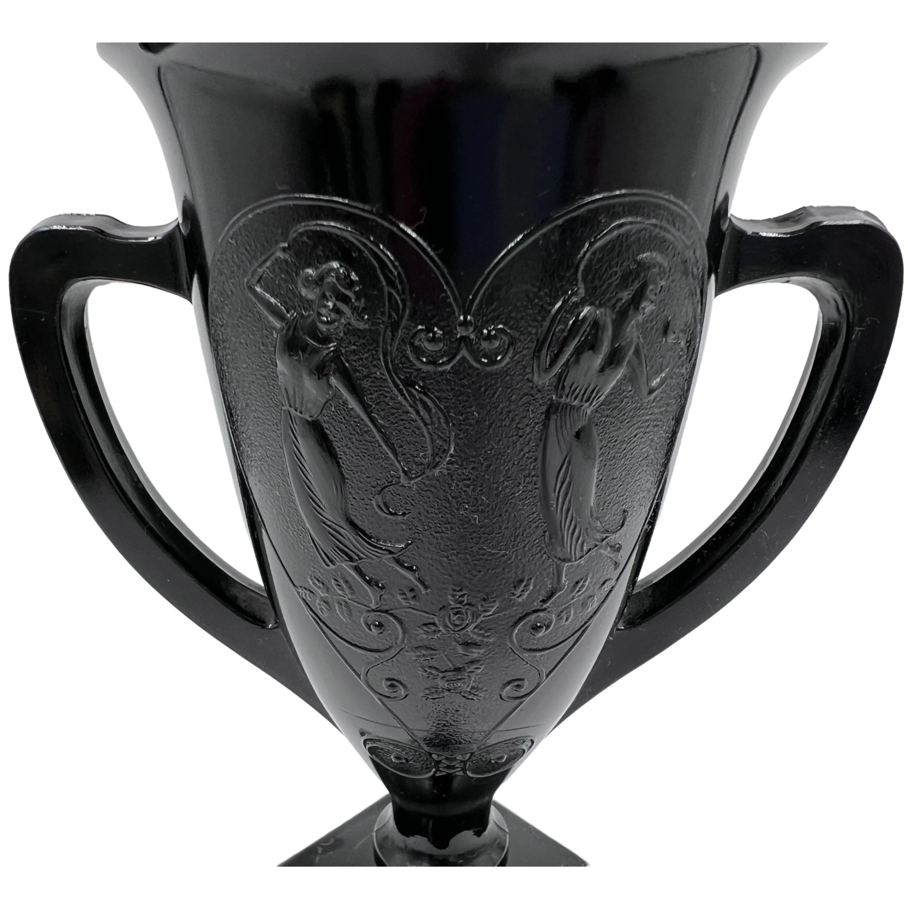 Vintage 1930s LE Smith Black Amethyst Glass Vase Loving Cup Trophy Form Dancing Nymphs