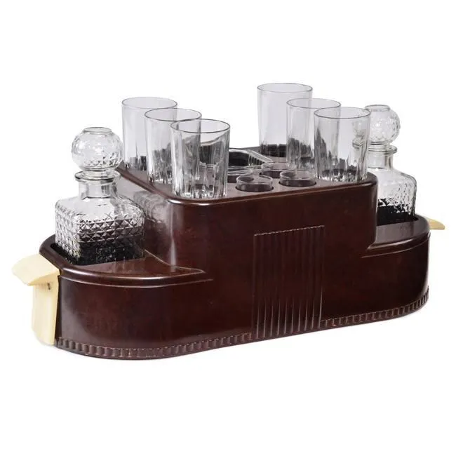 Vintage Brown Drink Caddy with 8 pc Glassware Set