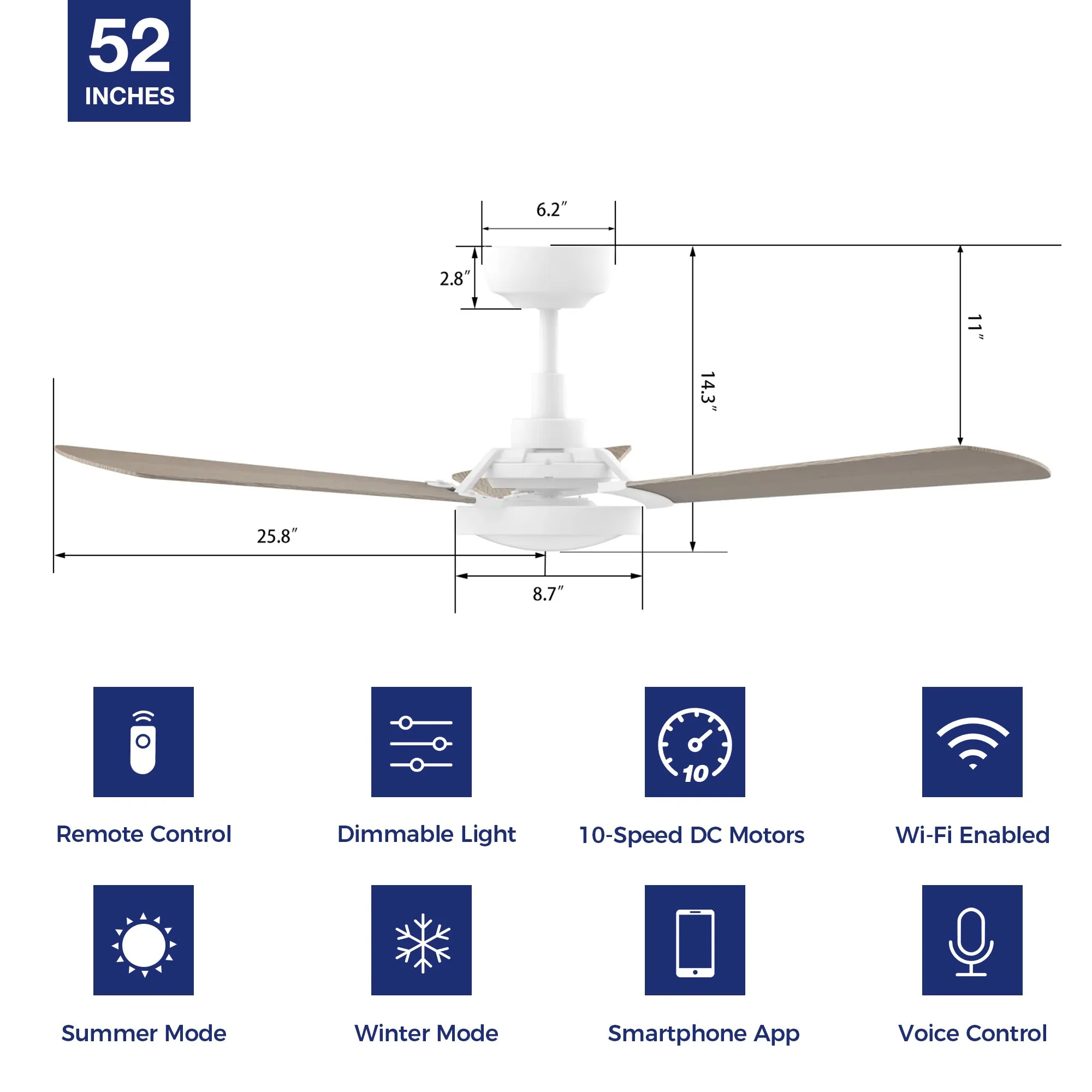 Viter Outdoor Ceiling Fan with Dimmable LED Light Remote-Smart 52"