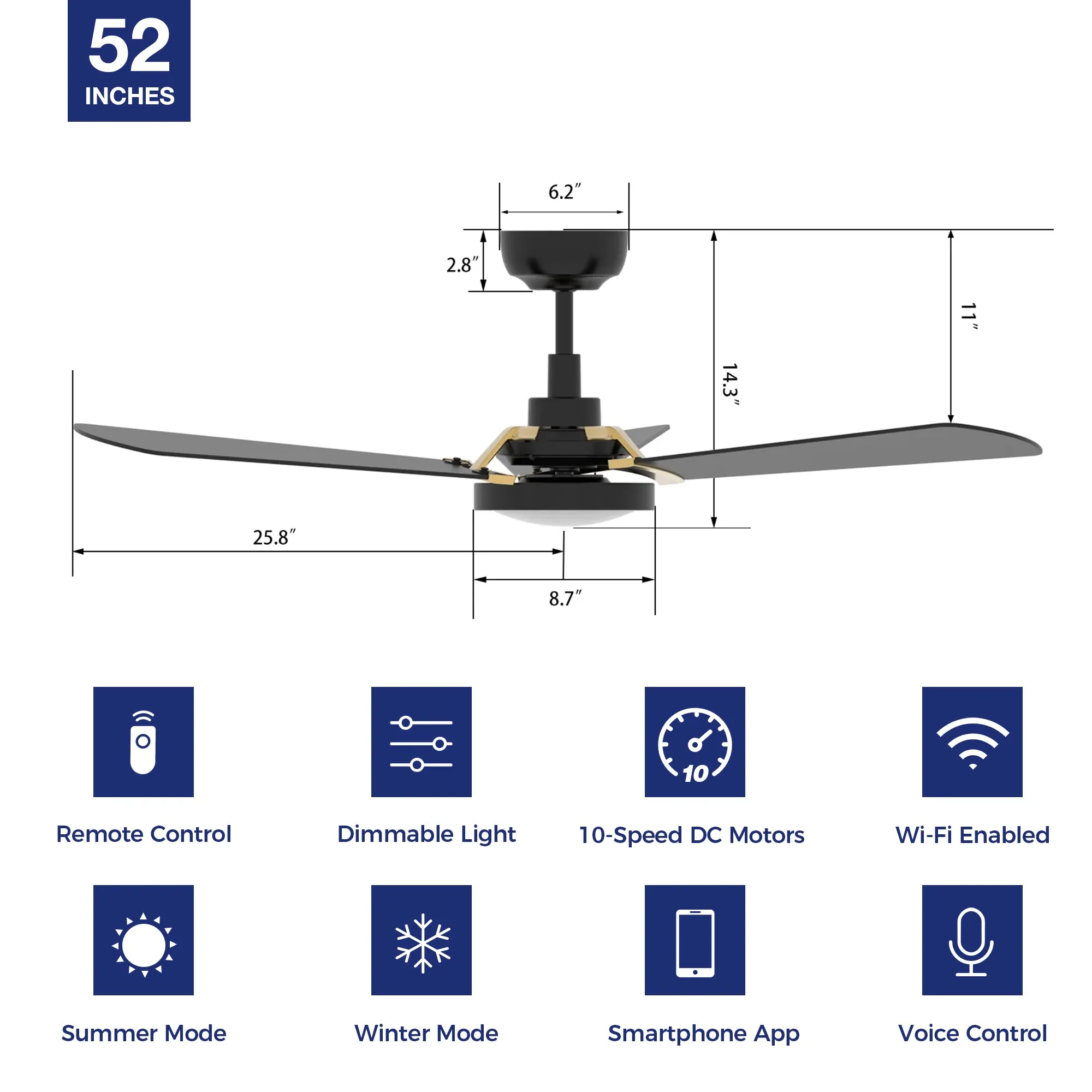 Viter Outdoor Ceiling Fan with Dimmable LED Light Remote-Smart 52"