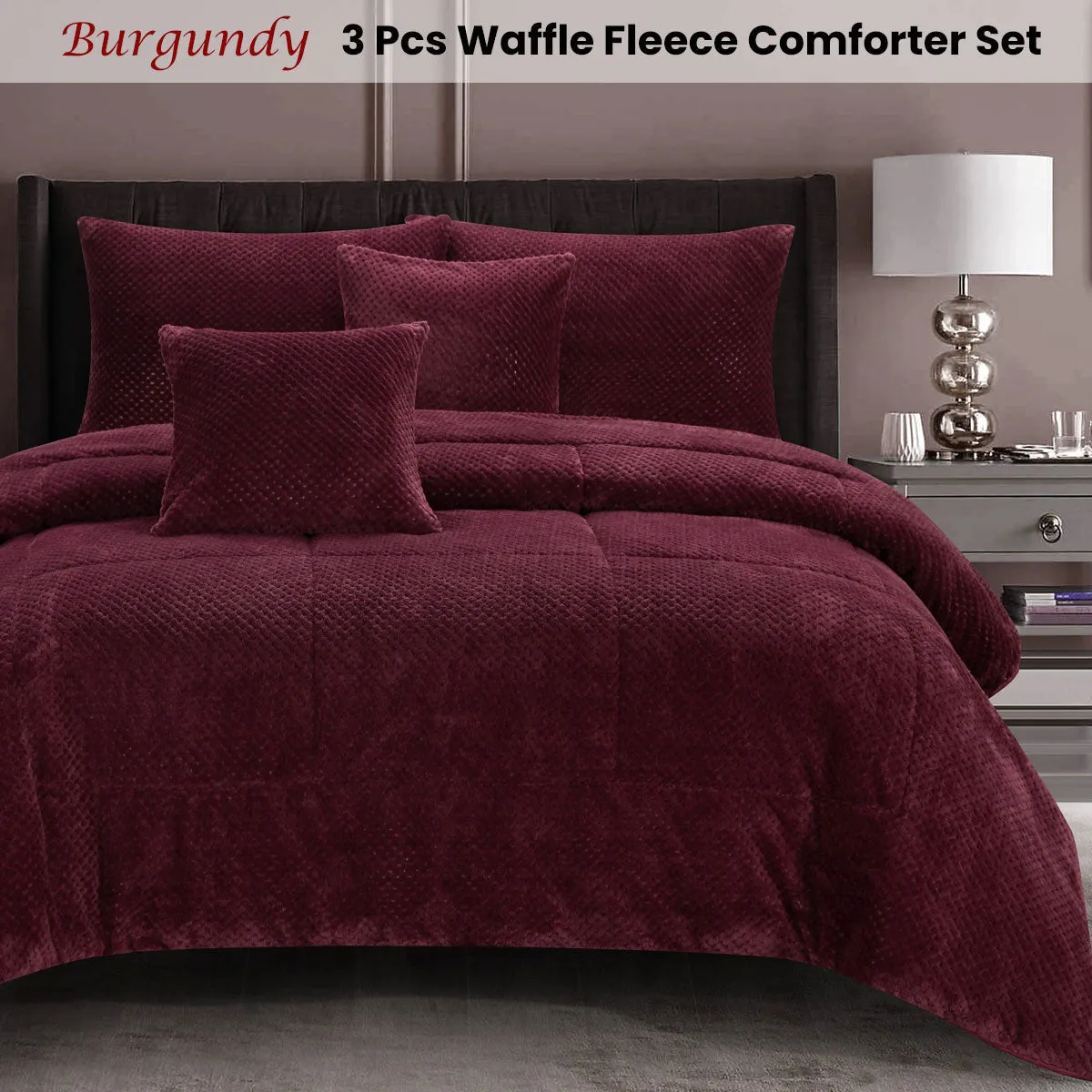 Waffle Fleece Burgundy 3 Pcs Comforter Set King