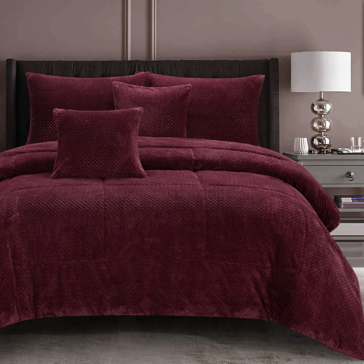 Waffle Fleece Burgundy 3 Pcs Comforter Set King