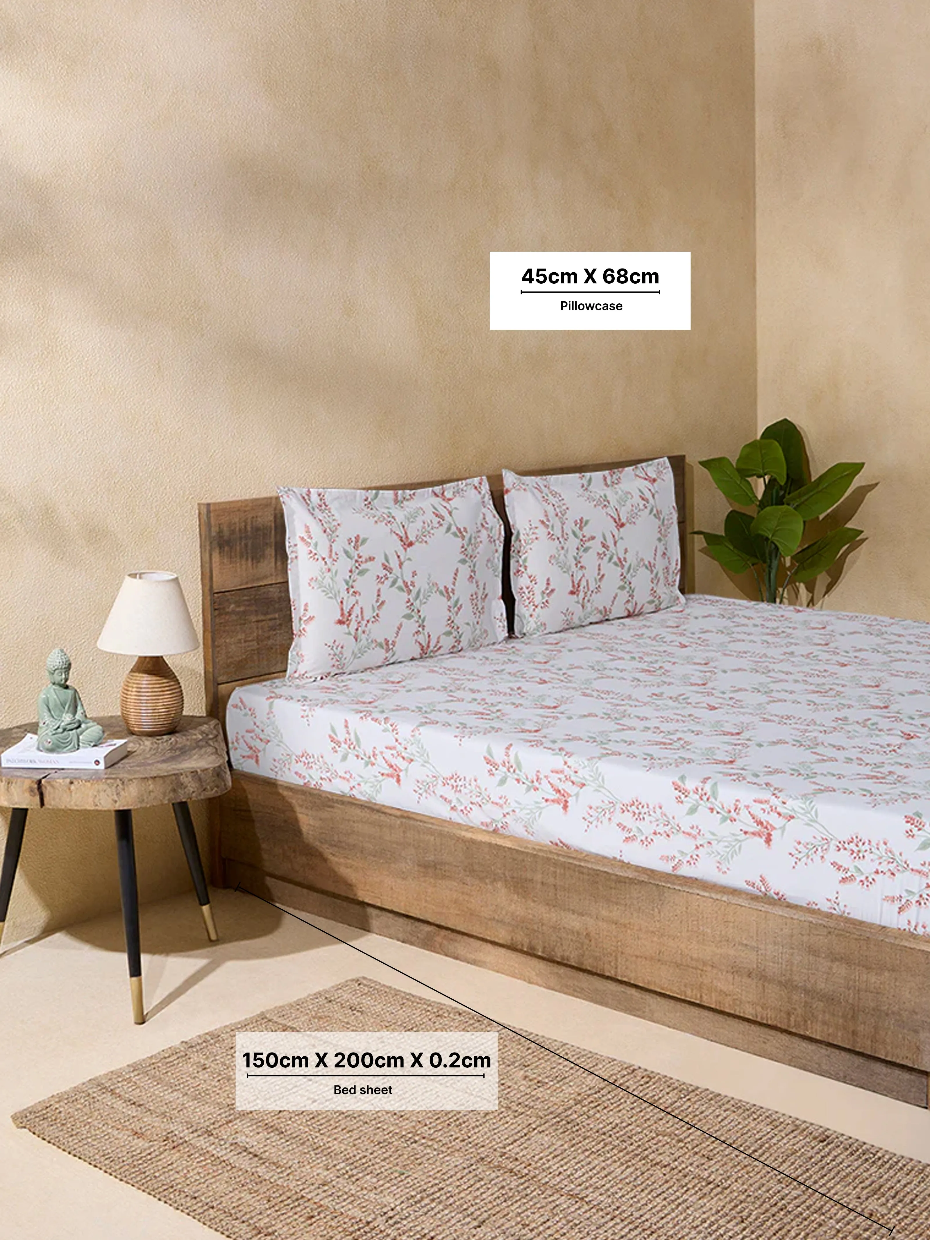 Westside Home Rust Foliage Print Double Bed Fitted Sheet and Pillow Cover Set