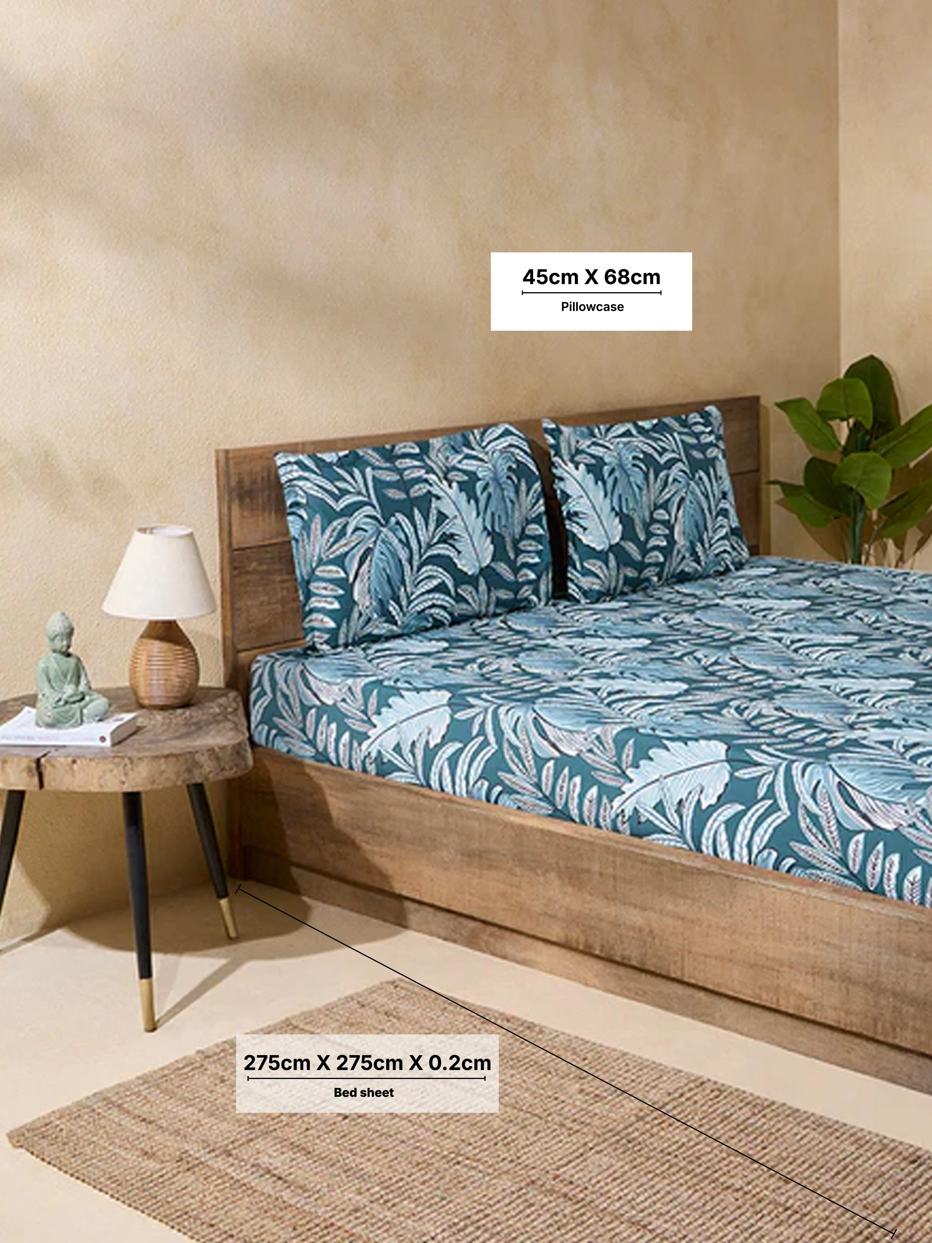 Westside Home Teal Leaf Design King Bed Flat Sheet and Pillowcase Set