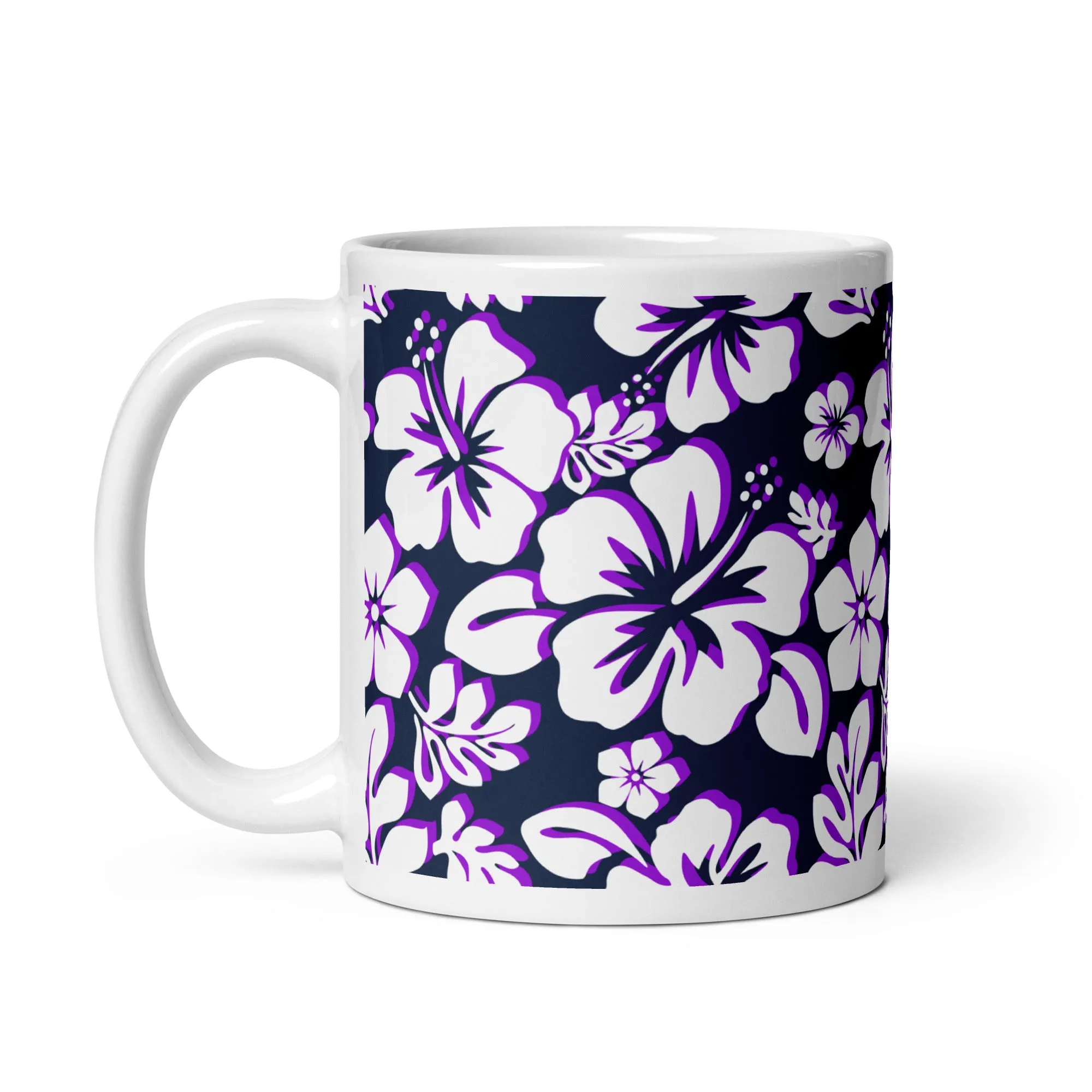 White and Purple Hawaiian Flowers on Navy Blue Coffee Mug