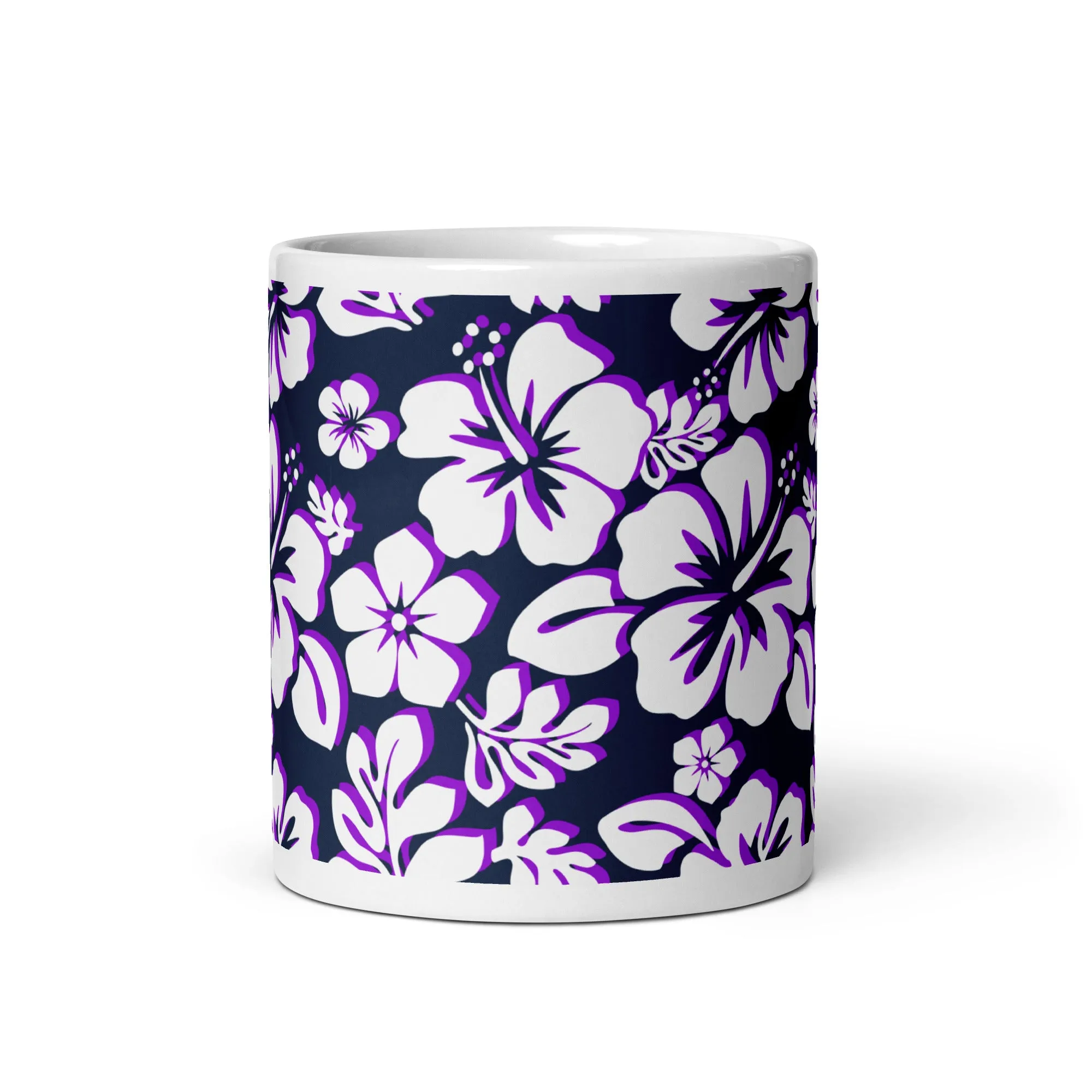 White and Purple Hawaiian Flowers on Navy Blue Coffee Mug