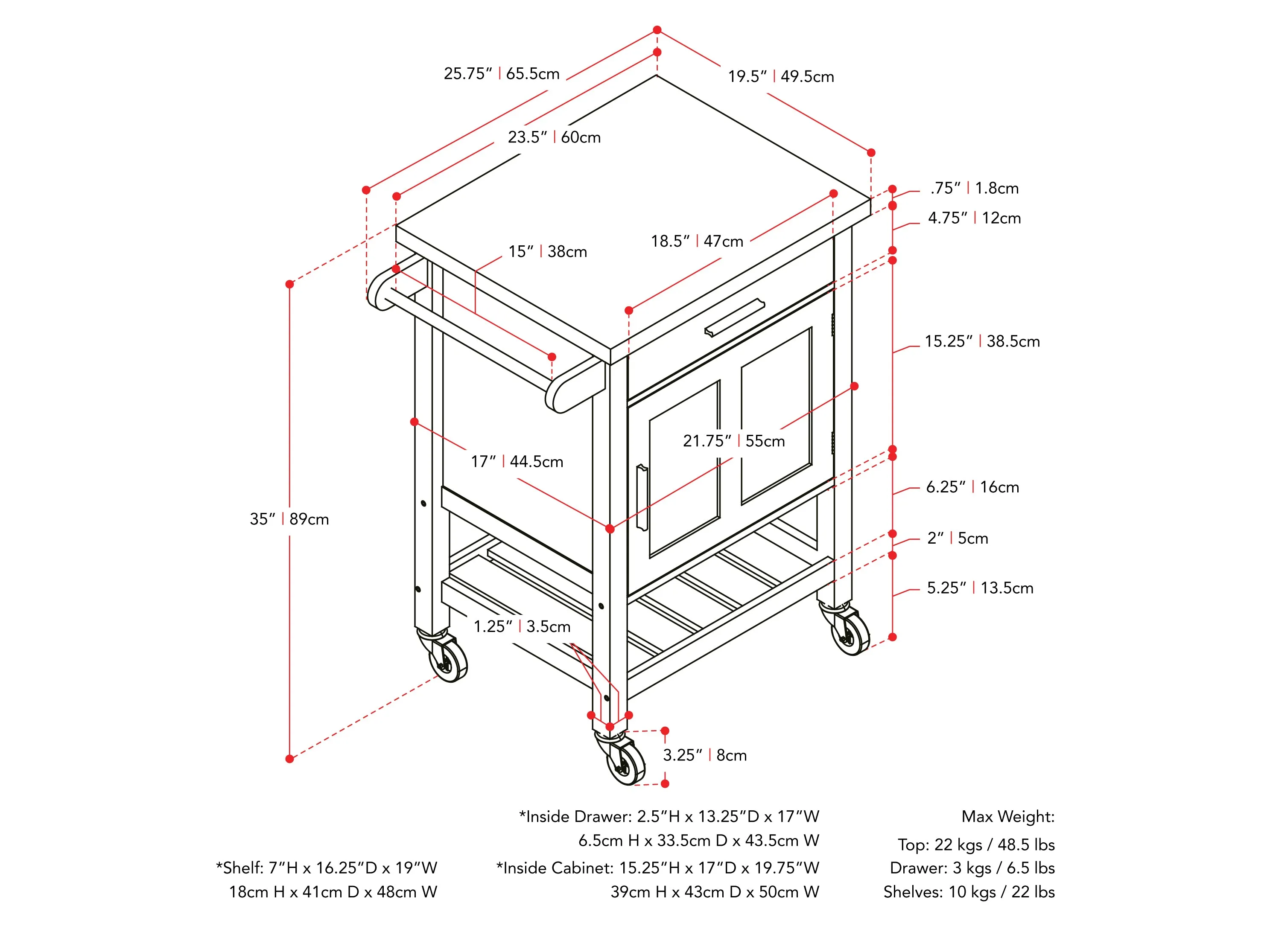 White Kitchen Cart on Wheels